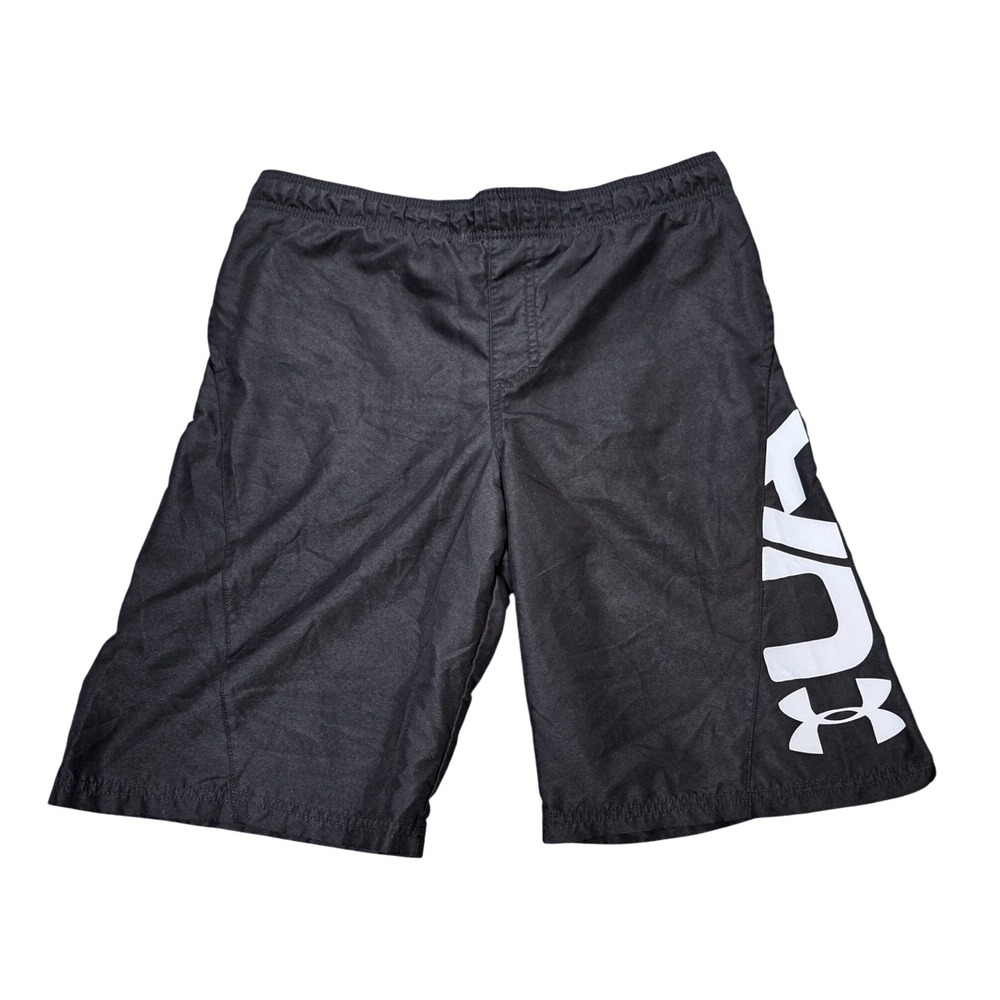Under Armour Drawstring Swim Trunks Boy's Size YXL Black Graphic Logo Mesh Lined